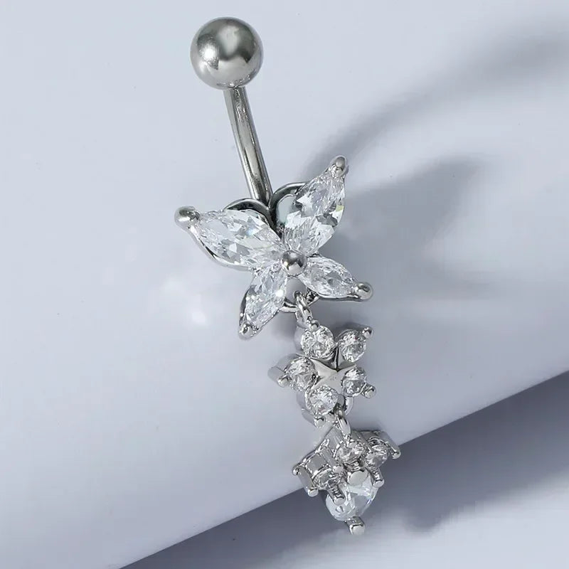 Surgical Steel Crystal Navel Ring | Adjustable Flower Drop Barbell for Fresh/Pierced - Festivals, Beach, Daily Wear