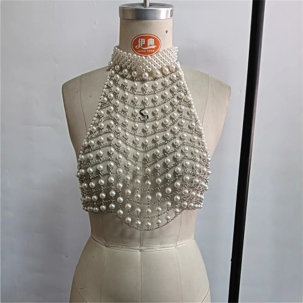 Party Body Chain for Women: Multi-Layer Imitation Pearl Bikini & Bra Layering Jewelry