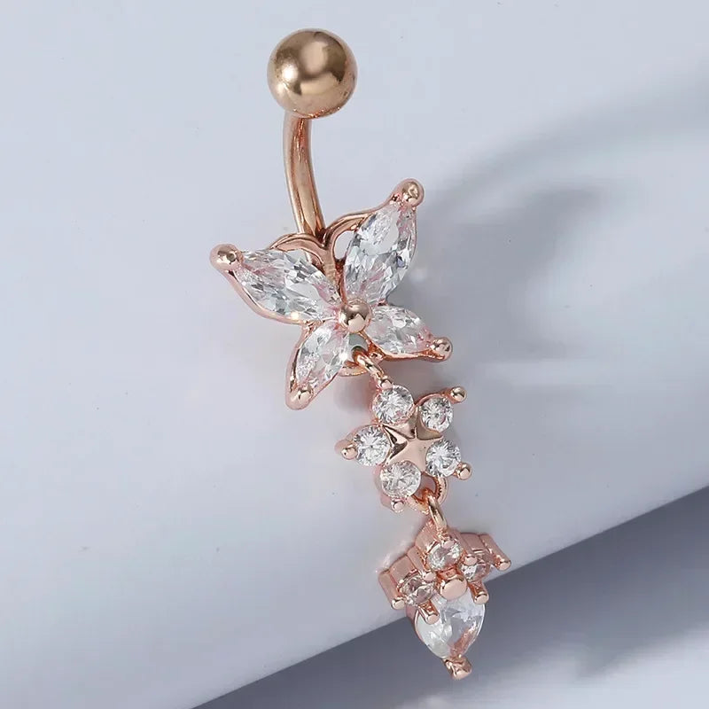 Surgical Steel Crystal Navel Ring | Adjustable Flower Drop Barbell for Fresh/Pierced - Festivals, Beach, Daily Wear
