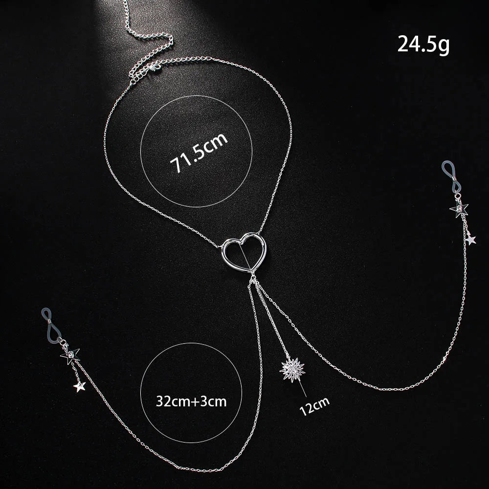 Adjustable Heart & Star Tassel Body Chain | No-Piercing Chest Jewelry for Date Nights, Festivals & Romantic Moments