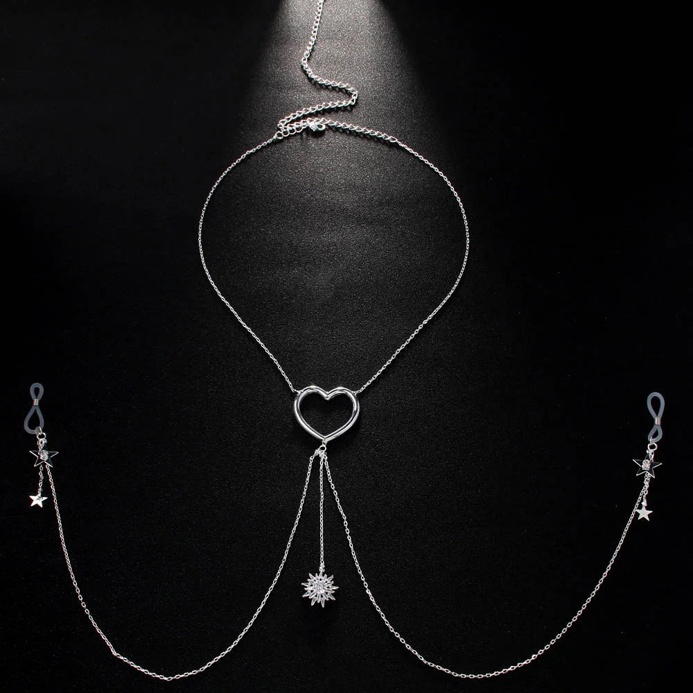 Adjustable Heart & Star Tassel Body Chain | No-Piercing Chest Jewelry for Date Nights, Festivals & Romantic Moments