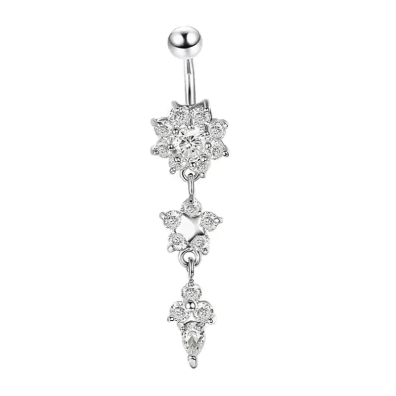 Surgical Steel Crystal Navel Ring | Adjustable Flower Drop Barbell for Fresh/Pierced - Festivals, Beach, Daily Wear