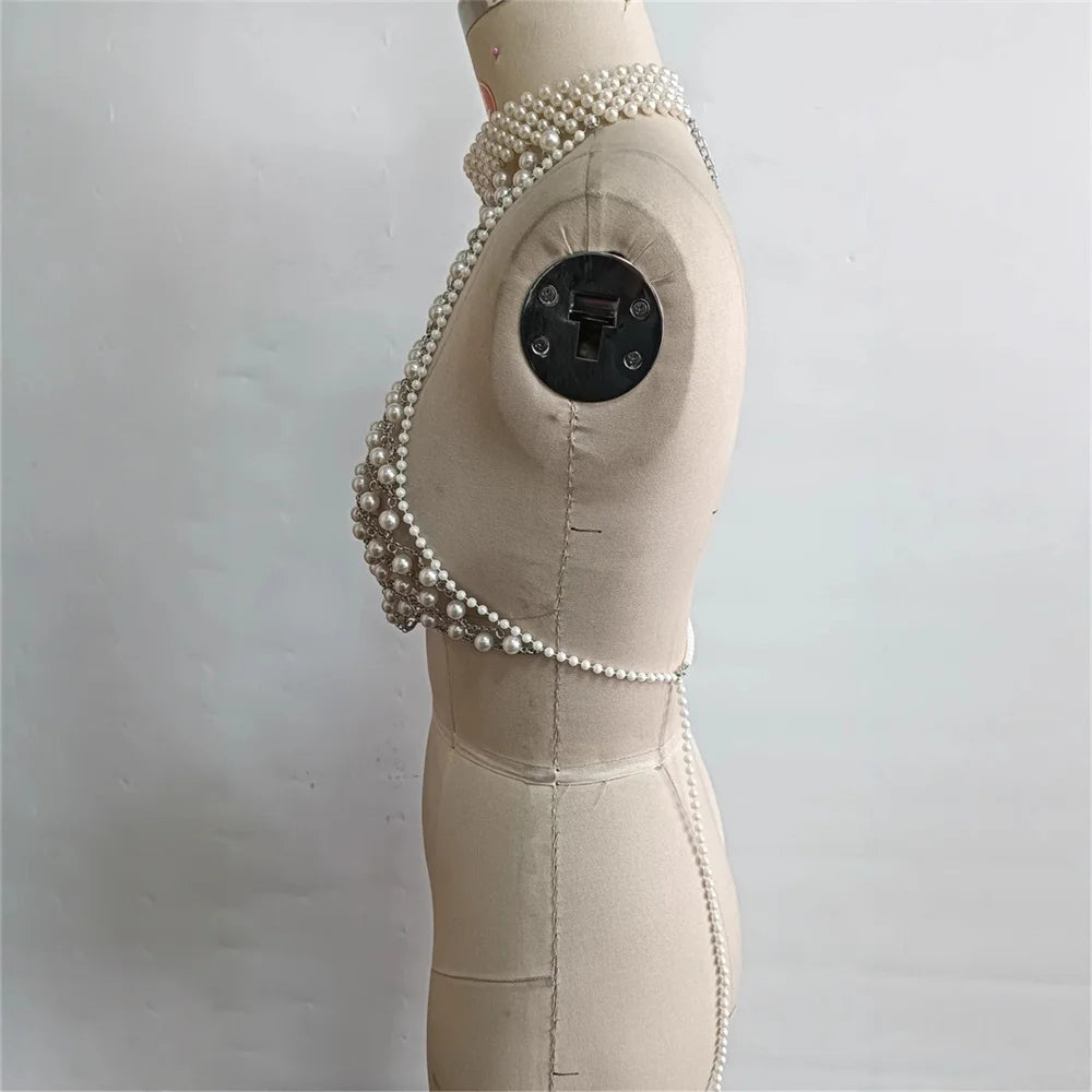 Party Body Chain for Women: Multi-Layer Imitation Pearl Bikini & Bra Layering Jewelry