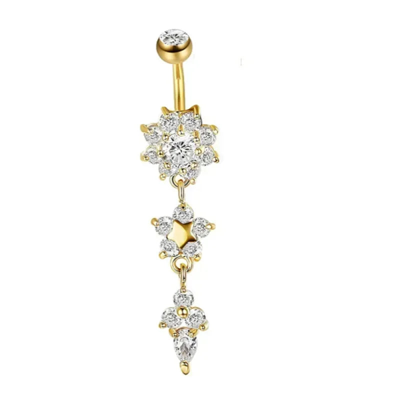 Surgical Steel Crystal Navel Ring | Adjustable Flower Drop Barbell for Fresh/Pierced - Festivals, Beach, Daily Wear