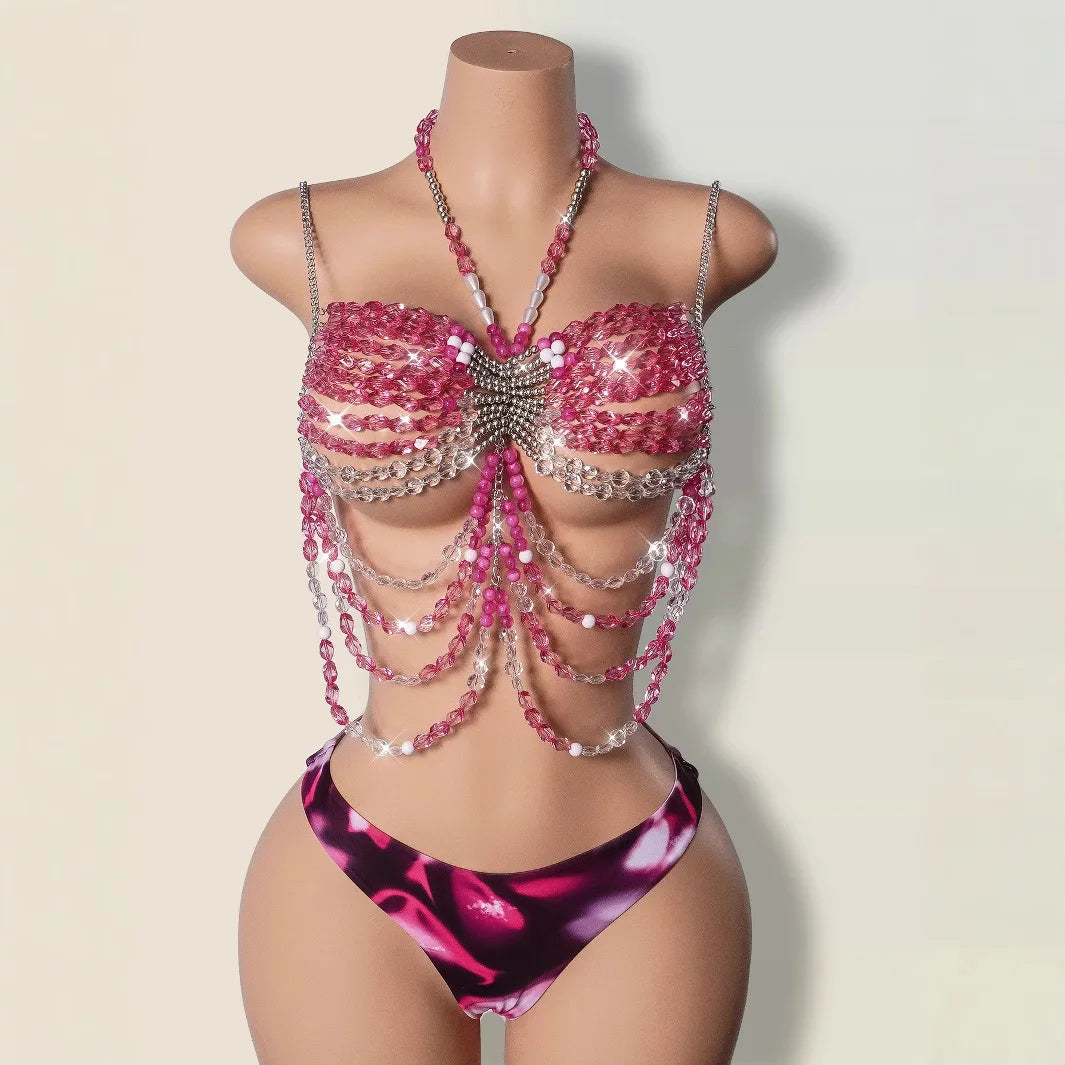 Crystal-Embellished Halter Top | Pearl Accent Bra Chain for Music Festivals, Vacations & Nights Out