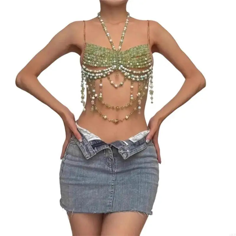 Nightlife Statement Piece: Beaded Halter Top with Attached Body Chain | Show-Stopper