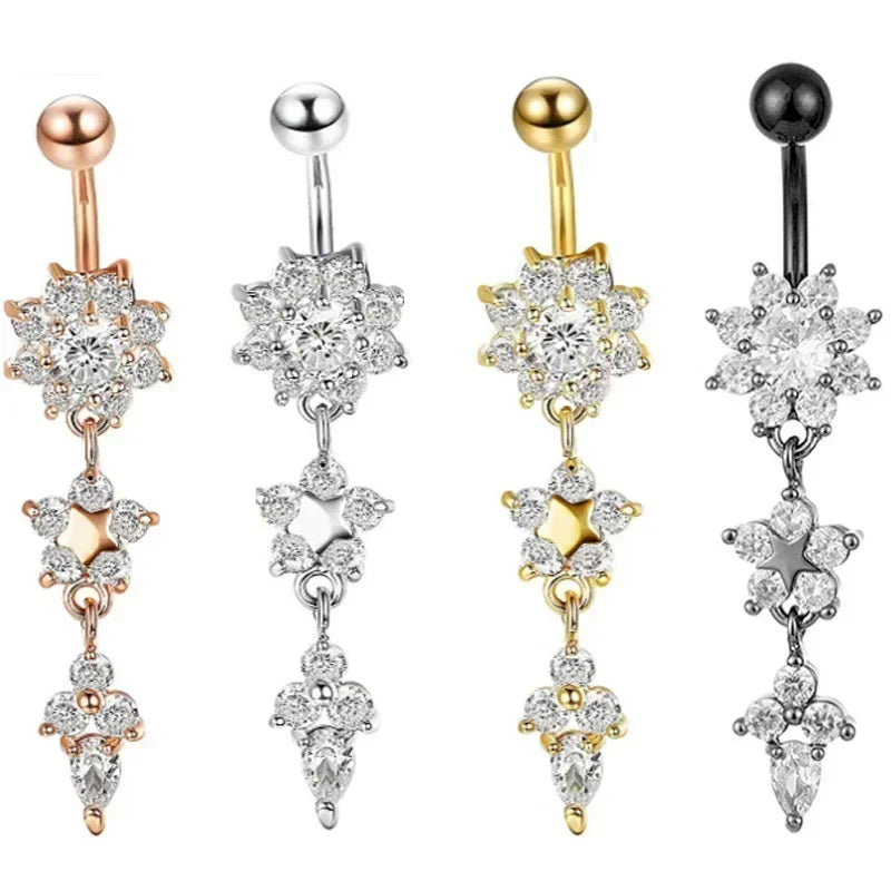 Surgical Steel Crystal Navel Ring | Adjustable Flower Drop Barbell for Fresh/Pierced - Festivals, Beach, Daily Wear