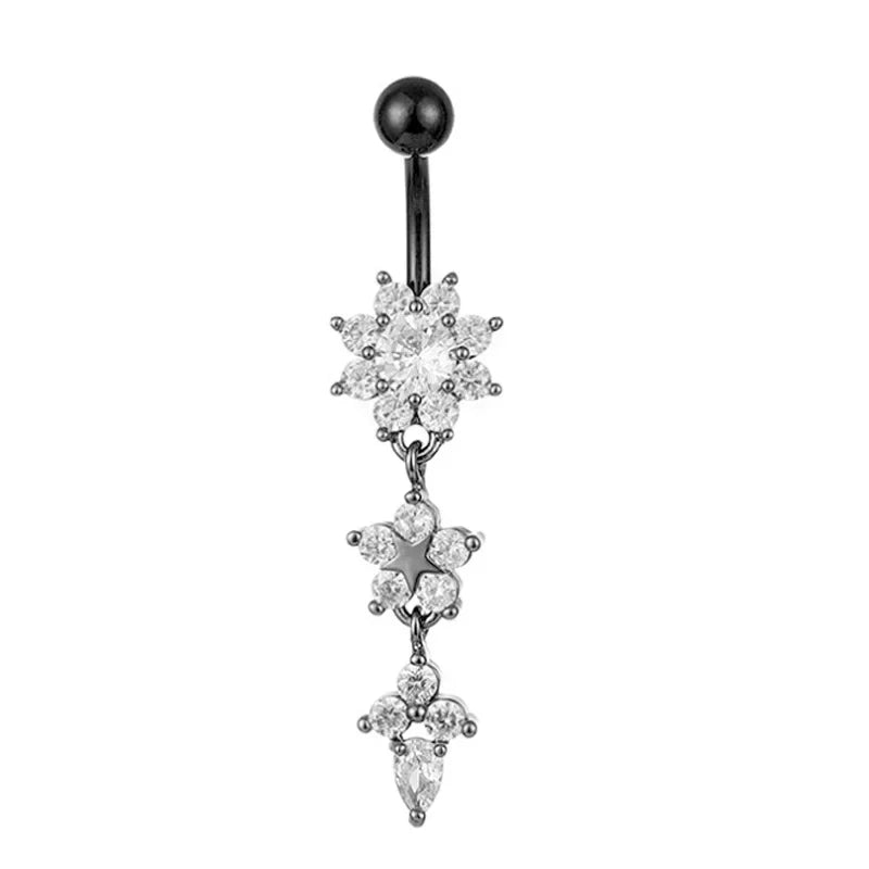 Surgical Steel Crystal Navel Ring | Adjustable Flower Drop Barbell for Fresh/Pierced - Festivals, Beach, Daily Wear