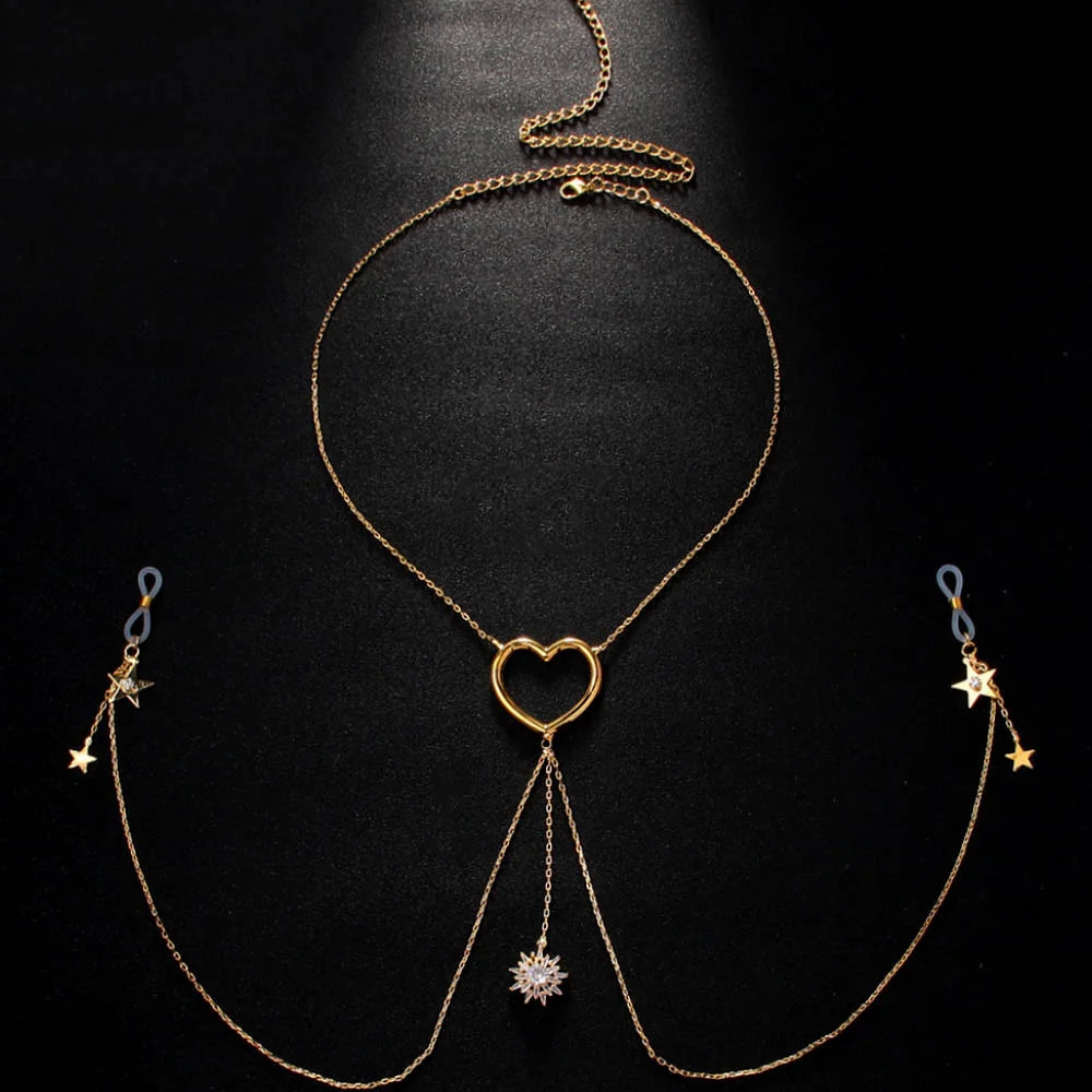 Adjustable Heart & Star Tassel Body Chain | No-Piercing Chest Jewelry for Date Nights, Festivals & Romantic Moments