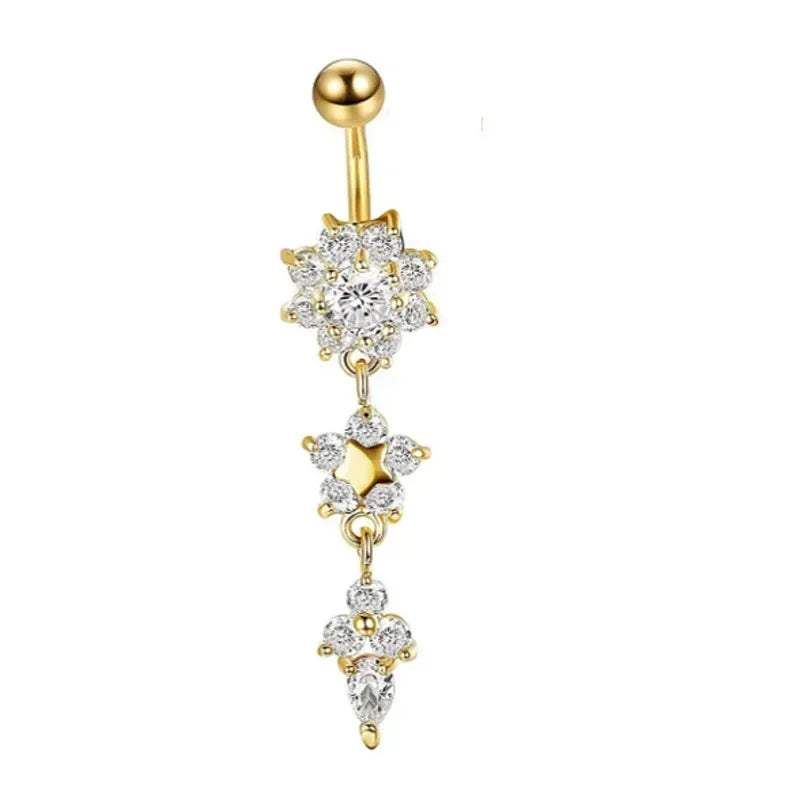 Surgical Steel Crystal Navel Ring | Adjustable Flower Drop Barbell for Fresh/Pierced - Festivals, Beach, Daily Wear