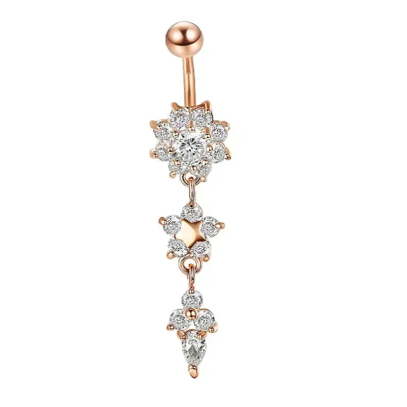 Surgical Steel Crystal Navel Ring | Adjustable Flower Drop Barbell for Fresh/Pierced - Festivals, Beach, Daily Wear