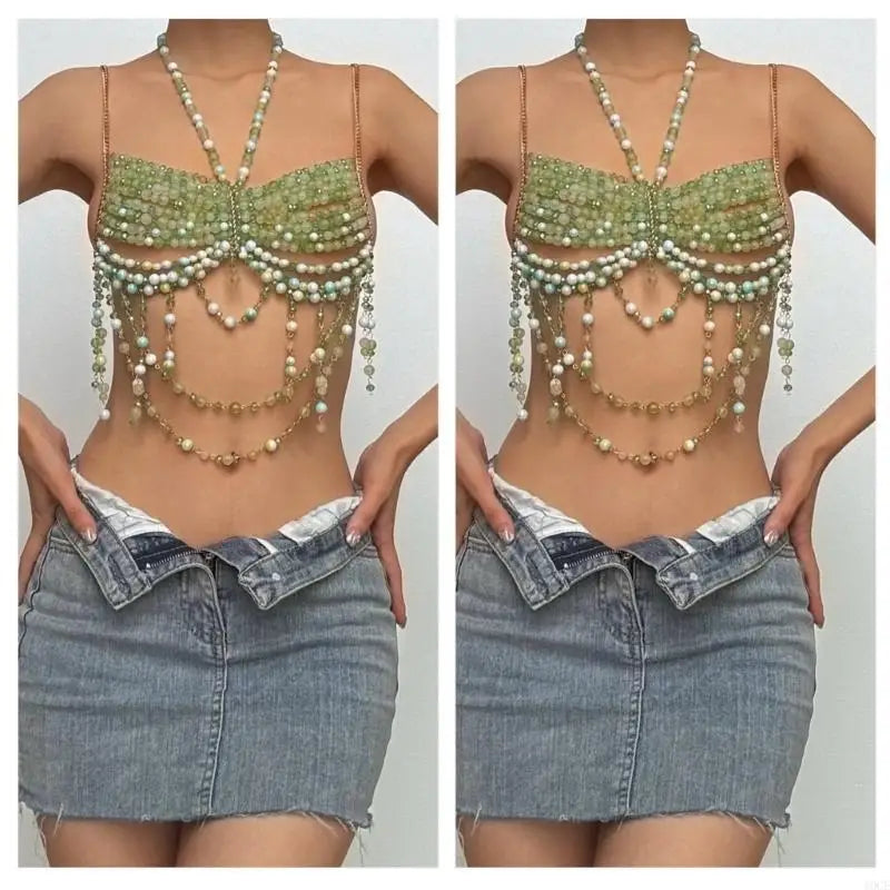Nightlife Statement Piece: Beaded Halter Top with Attached Body Chain | Show-Stopper