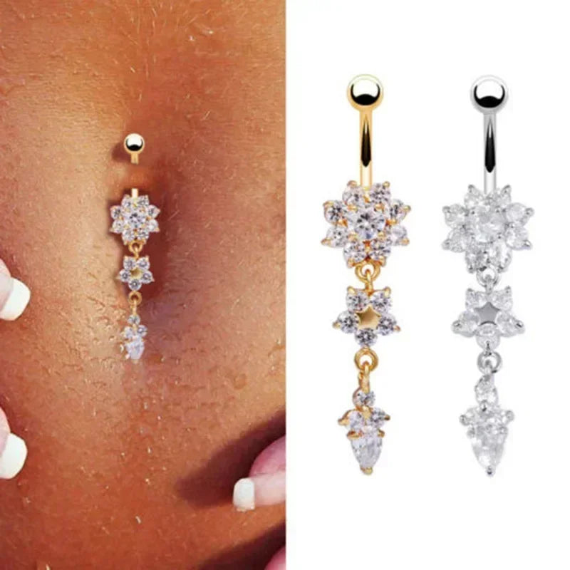 Surgical Steel Crystal Navel Ring | Adjustable Flower Drop Barbell for Fresh/Pierced - Festivals, Beach, Daily Wear