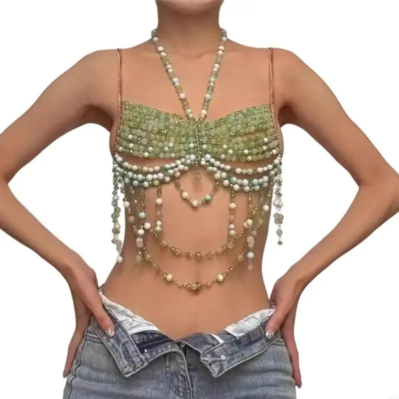 Nightlife Statement Piece: Beaded Halter Top with Attached Body Chain | Show-Stopper