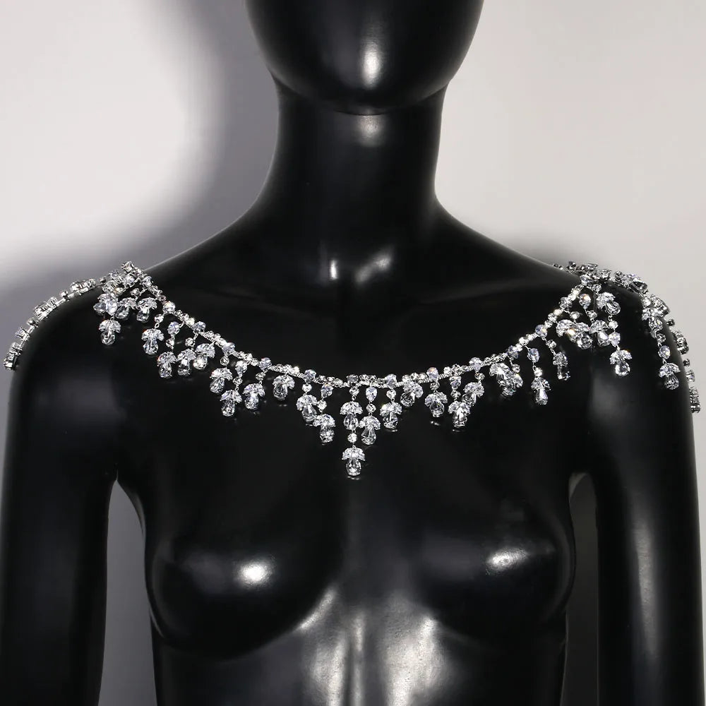 Bridal Shoulder Chain Jewelry - Leaf Crystal Body Chain for Wedding Dress | Silver/Gold Rhinestone