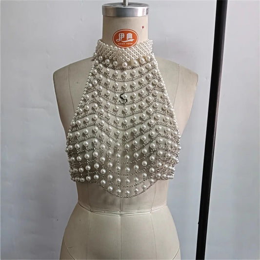 Party Body Chain for Women: Multi-Layer Imitation Pearl Bikini & Bra Layering Jewelry