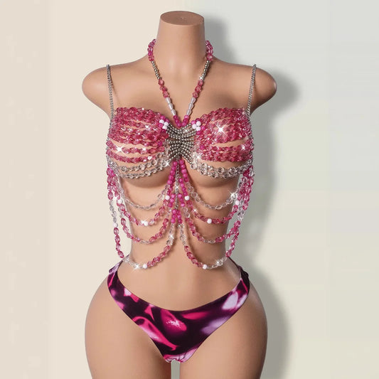 Crystal-Embellished Halter Top | Pearl Accent Bra Chain for Music Festivals, Vacations & Nights Out