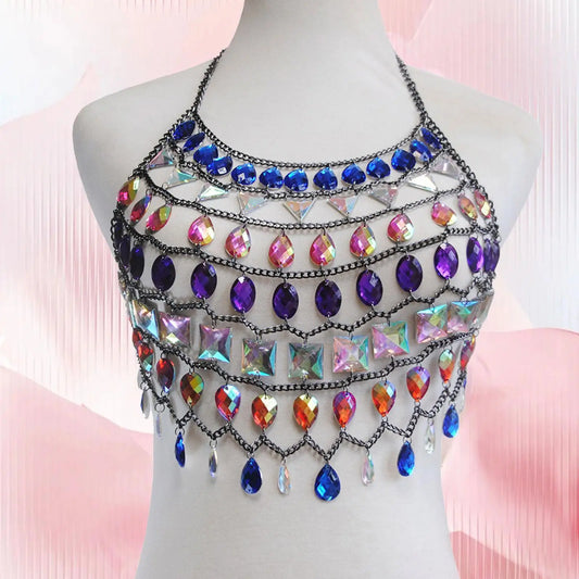 Rhinestone Body Chain for Women | Multicolor Lightweight Bra Top Jewelry | Nightclub & Holiday Party Wear