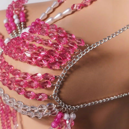 Crystal-Embellished Halter Top | Pearl Accent Bra Chain for Music Festivals, Vacations & Nights Out