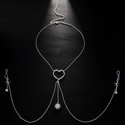 Adjustable Heart & Star Tassel Body Chain | No-Piercing Chest Jewelry for Date Nights, Festivals & Romantic Moments