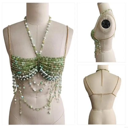 Nightlife Statement Piece: Beaded Halter Top with Attached Body Chain | Show-Stopper