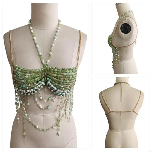 Nightlife Statement Piece: Beaded Halter Top with Attached Body Chain | Show-Stopper