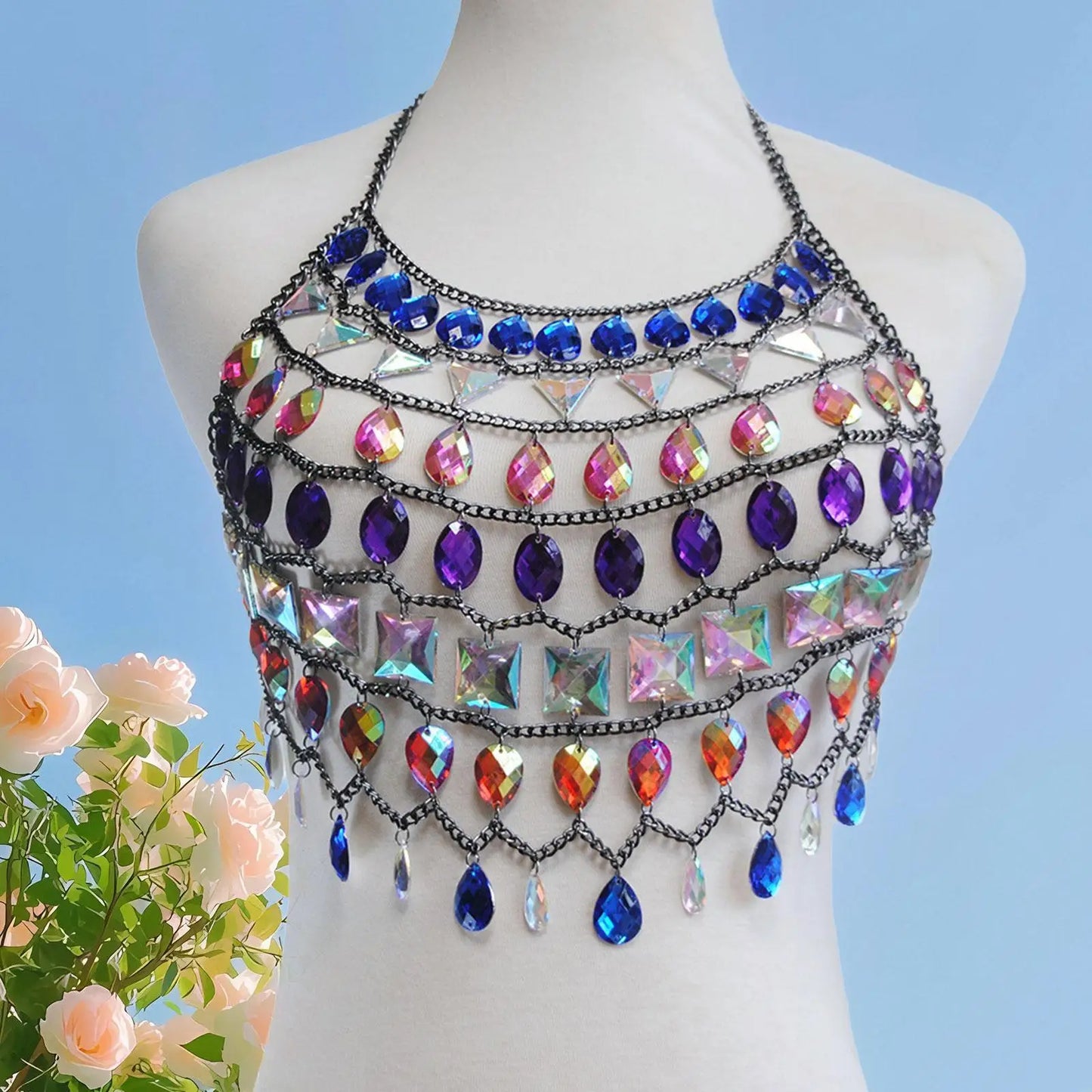 Rhinestone Body Chain for Women | Multicolor Lightweight Bra Top Jewelry | Nightclub & Holiday Party Wear