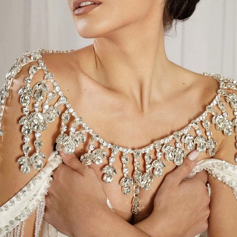 Bridal Shoulder Chain Jewelry - Leaf Crystal Body Chain for Wedding Dress | Silver/Gold Rhinestone
