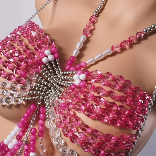 Crystal-Embellished Halter Top | Pearl Accent Bra Chain for Music Festivals, Vacations & Nights Out