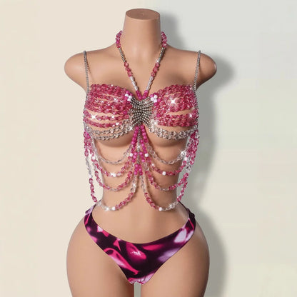 Crystal-Embellished Halter Top | Pearl Accent Bra Chain for Music Festivals, Vacations & Nights Out