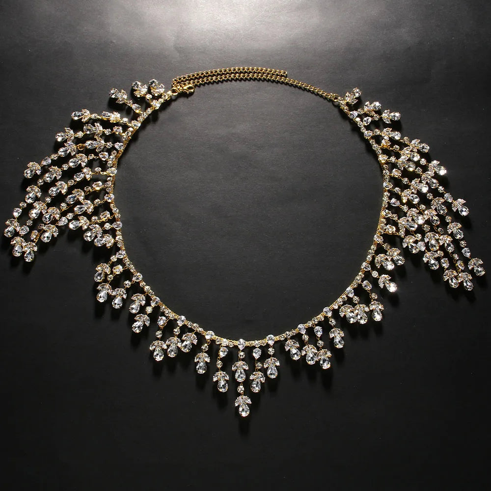 Bridal Shoulder Chain Jewelry - Leaf Crystal Body Chain for Wedding Dress | Silver/Gold Rhinestone