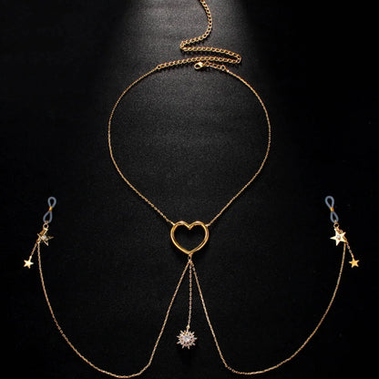 Adjustable Heart & Star Tassel Body Chain | No-Piercing Chest Jewelry for Date Nights, Festivals & Romantic Moments