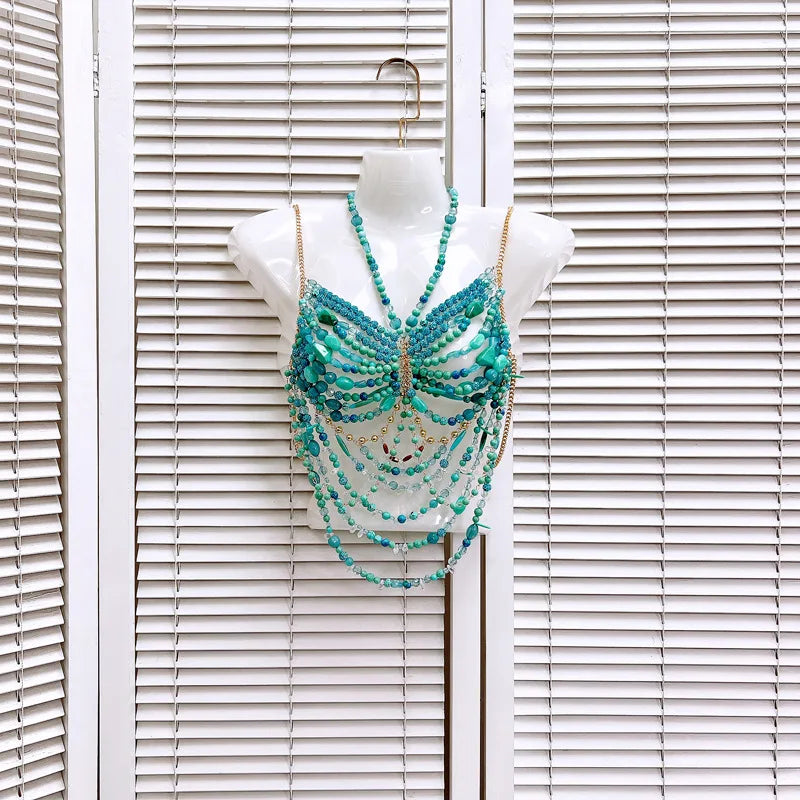 Boho Turquoise Bikini Top | Artisan Beading + Detachable Body Chain for Resorts, Yachting & Festivals