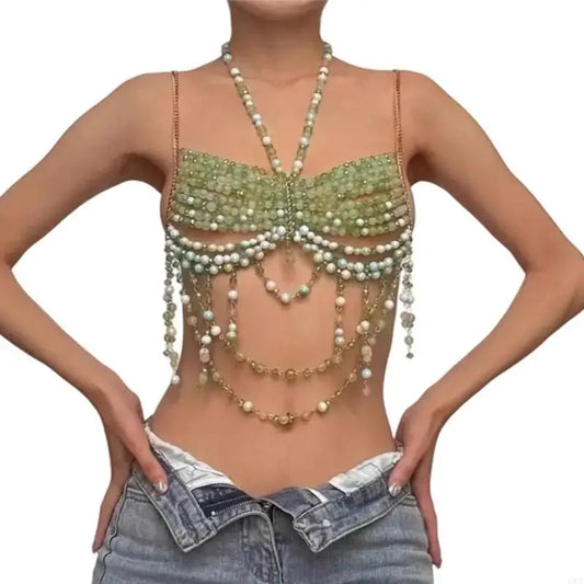 Nightlife Statement Piece: Beaded Halter Top with Attached Body Chain | Show-Stopper